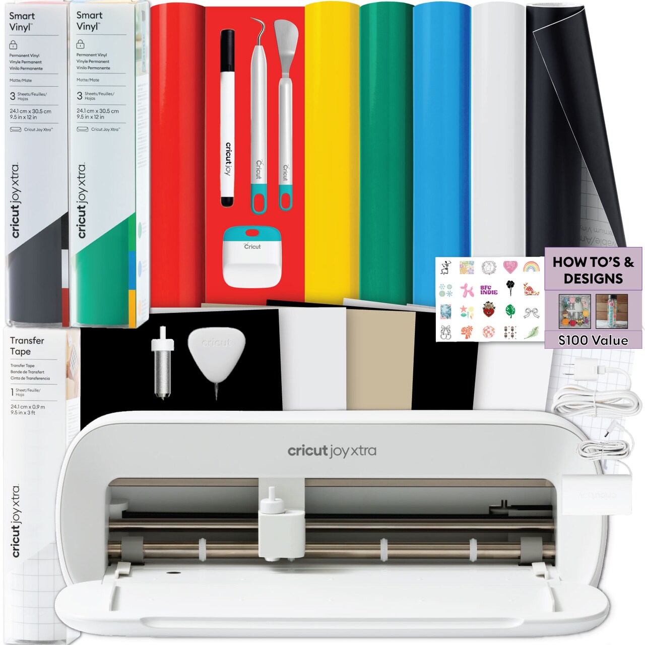 Cricut Joy Xtra Die-Cutting Machine with Smart Vinyl Sampler Packs, Transfer Tape and Tool Set Bundle